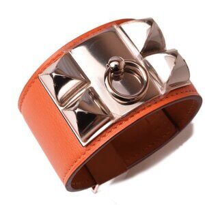 Hermes Bangle Bracelet Medor Collierd Chien Leather Orange Silver